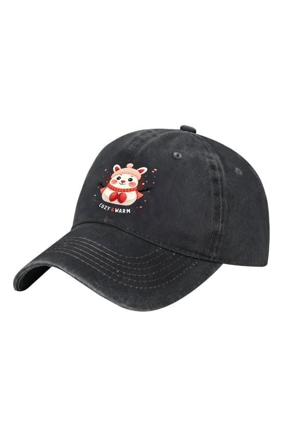 Adjustable Vintage Cotton Washed Distressed Baseball Cap with Cute Cartoon Bear Design ' COZY & WARM ' Text Perfect for Men & Women