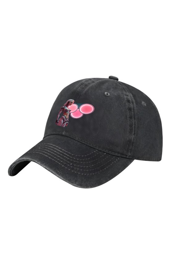 Adjustable Vintage Cotton Washed Distressed Baseball Cap with Futuristic Female Character Blowing Pink Bubbles on Teal - Pink Gradient
