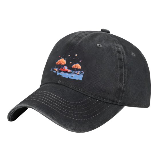 Adjustable Vintage Cotton Washed Distressed Baseball Cap with Pixelated Orange Trees Red Car and Blue Landscape Design