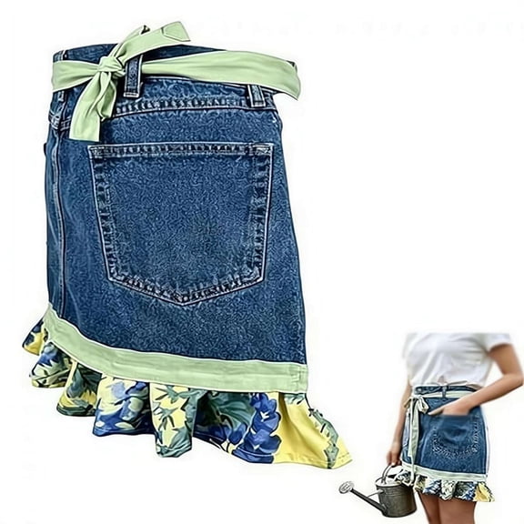 Adjustable Vintage Jean Apron with Floral Lace and Pockets for Women Kitchen Gardening