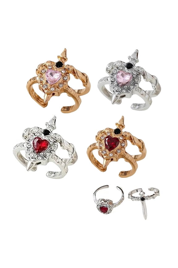 Sword Piercing Heart Vintage Adjustable Ring Set, Gothic Couple Style Ring, Open Adjustable Statement Ring, Inlaid With Rhinestones, Romantic Jewelry Gift for Her(4pcs)Q