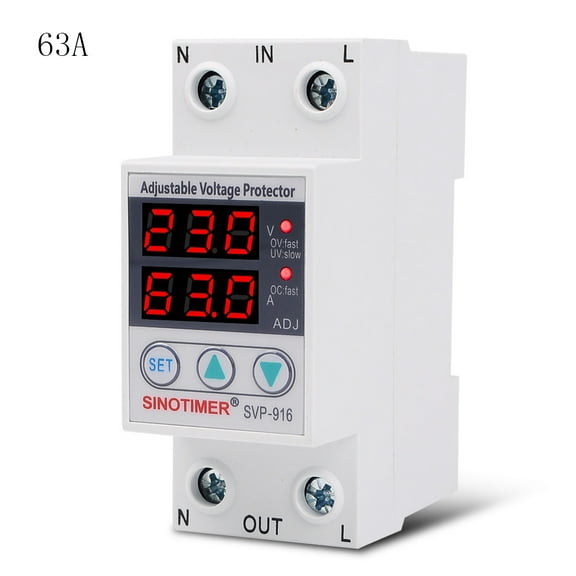 Adjustable Over and Under Voltage Protector,SVP-916 40A 63A 80A Over Under Voltage Protection Limit Current Dual Display Surge Protector Automatic Adjustable Voltage Relay