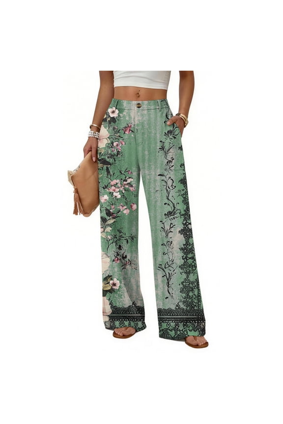 Adjustable Waist Knot Wide Leg Trousers Women Soft Stretch Business Streetwear Casual Pants with Pockets Green S