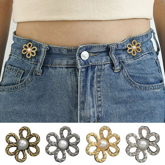 Adjustable Waist Tightener Buttons for Jeans Skirts Pants | 8 Pc Set | Flower Design | Pearlescent Metal | No Sew Pant Extender | Spring-Lock Clips | Reusable waist cincher