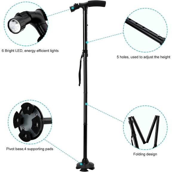 Adjustable Walking Stick with LED Light Foldable Portable Cane 5 Height Levels Self Standing Base for Hiking Camping Night Walking Travel Elderly Support Indoor Outdoor Use Men Women T Handle