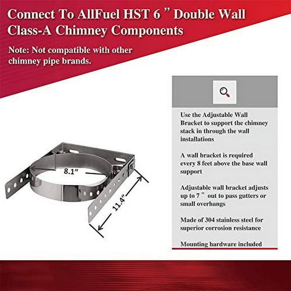 Adjustable Wall Bracket for 6" Diameter 304 Stainless Steel All Fuel Class-A Double Wall Insulated Chimney Pipe