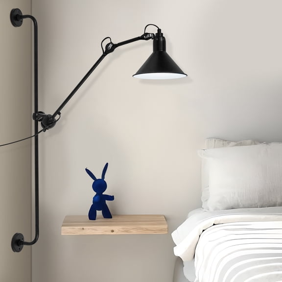 Adjustable Wall Lamp 43 Inch Black Iron Swing Arm Sconce with 360 Rotatable Shade Bedside Reading Light for Living Room