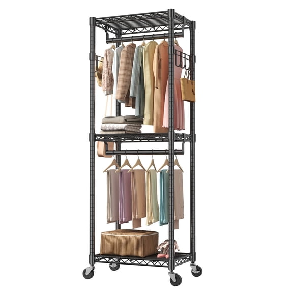 Adjustable Wall Mounted Clothes Hanger with Wheels, Metal Movable Garment Rack with 2 Side Hooks & 2 Hanging Rods for Home Bedroom Laundry Room
