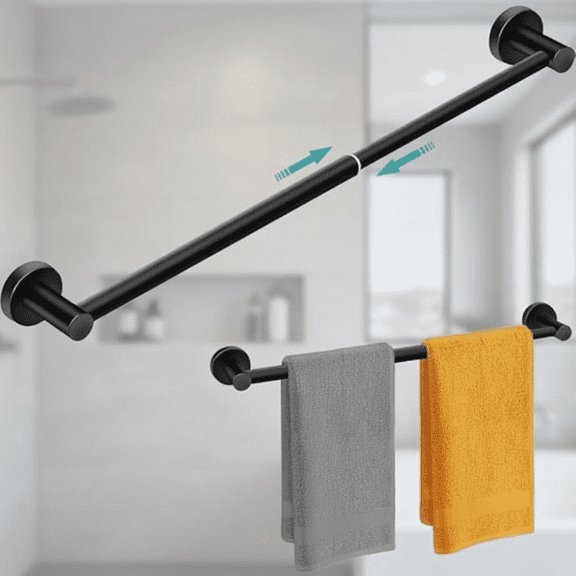 Adjustable Wall Mounted Towel Rack Holder for Bathroom, Sturdy Rustproof Single Towel Bar Rod, Extends from 13.18 to 24 Inches, Black Finish (1-Pack)