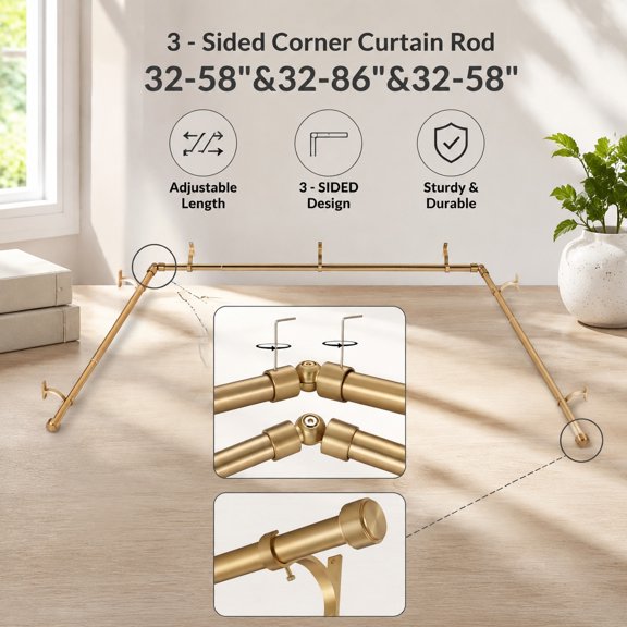 Adjustable Warm Gold Bay Window Curtain Rod Set with Aluminum End Caps and Brackets, 32-86 Inch Center Rod, 32-58 Inch Side Rods, 1 Inch Diameter