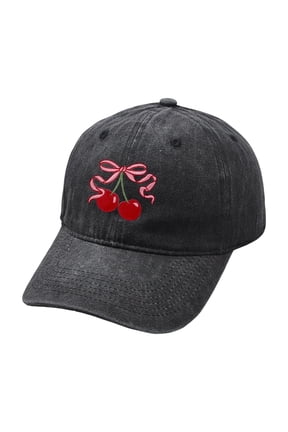 Adjustable Wash Cotton Baseball Caps with Bowknot Cherry Design Sun Protective Headwear for Women Girl Outdoor Activity
