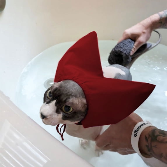 Adjustable Waterproof Pet Shower Cap for Cats Dogs, Reusable Bath Ear Cover with Straps, Grooming Accessory for Kitten Puppy Small Pets, Red
