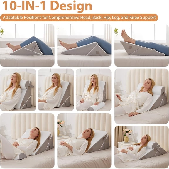 Adjustable Wedge Pillow Set with Memory Foam for Acid Reflux and Post Surgery Support, White/Grey