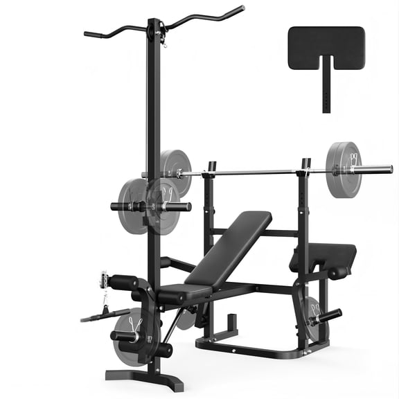 Adjustable Weight Bench 900lbs 9 in 1 with Lat Pull Down, Leg Extension and Leg Curl, Chest Fly and Preacher Curl Workout Bench Multi-Function Strength Training Bench with 60lbs Hex Dumbbells