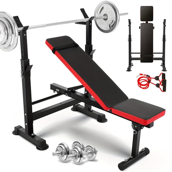 Adjustable Weight Bench Foldable Olympic Bench Press with Resistance Bands, Incline/Decline Multi-Function Workout Bench