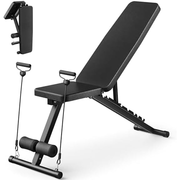 Adjustable Weight Bench for Home Gym, Foldable Workout Bench for Full Body Fitness Dumbbell Exercise, 600LBS Incline Decline Flat Bench with Resistance Bands for Strength Training