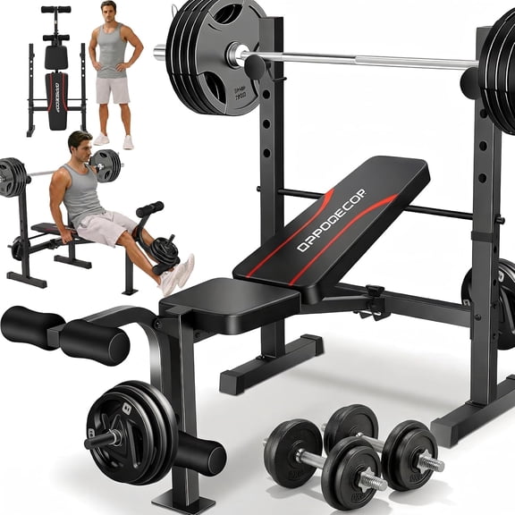 Adjustable Weight Bench Set with Squat Rack, 3 Sec Folding Workout Bench for Full Body Exercise, 600LBS All-in-One Bench Press with Leg Curl & Leg Extension, Incline Decline Flat Home Gym Bench