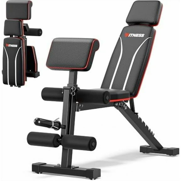 Adjustable Weight Bench, Workout Bench with Leg Extension and Preacher Curl Pad, Incline Bench press for Home Gym, Foldable Exercise Bench, Quick Adjustment and Suitable for All Heights