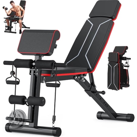 Adjustable Weight Bench - Workout Bench Press for Home Gym, Foldable Incline Decline Sit up Exercise Bench for Full Body Strength Training w/Leg Extension and Preacher Pad