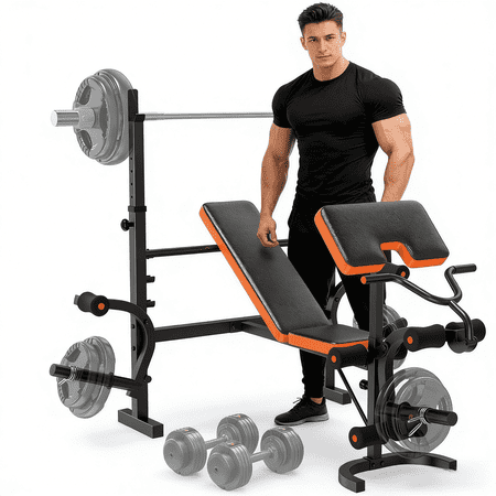 Heavy Duty Weight Bench with Squat Rack, 6-in-1 Adjustable Bench Press, Leg Developer & Preacher Curl for Home Fitness, 990LB Capacity, Orange