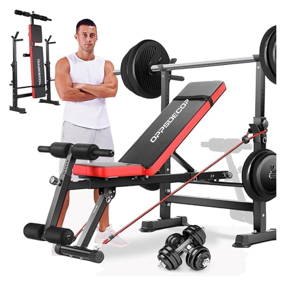 Adjustable Weight Set with Squat Rack, 600lbs Foldable Workout Bench, Removable Foot Bracket for Home Gym - Full Body Exercise & Strength Training