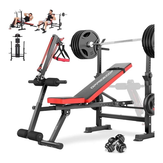 Adjustable Weight Set with Squat Rack, 600lbs Foldable Workout Bench