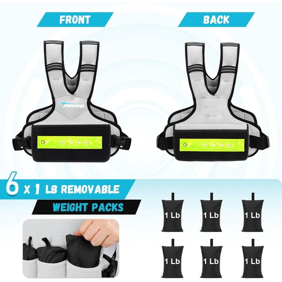 Adjustable Weighted Vest for Women Men, 6-15 Lbs/12-18 Lbs Rucking Vest with LED Light Strips, Weight Vest with 6 Ironsand Weights, and Zipper Pocket for Strength Training, Walking, Running