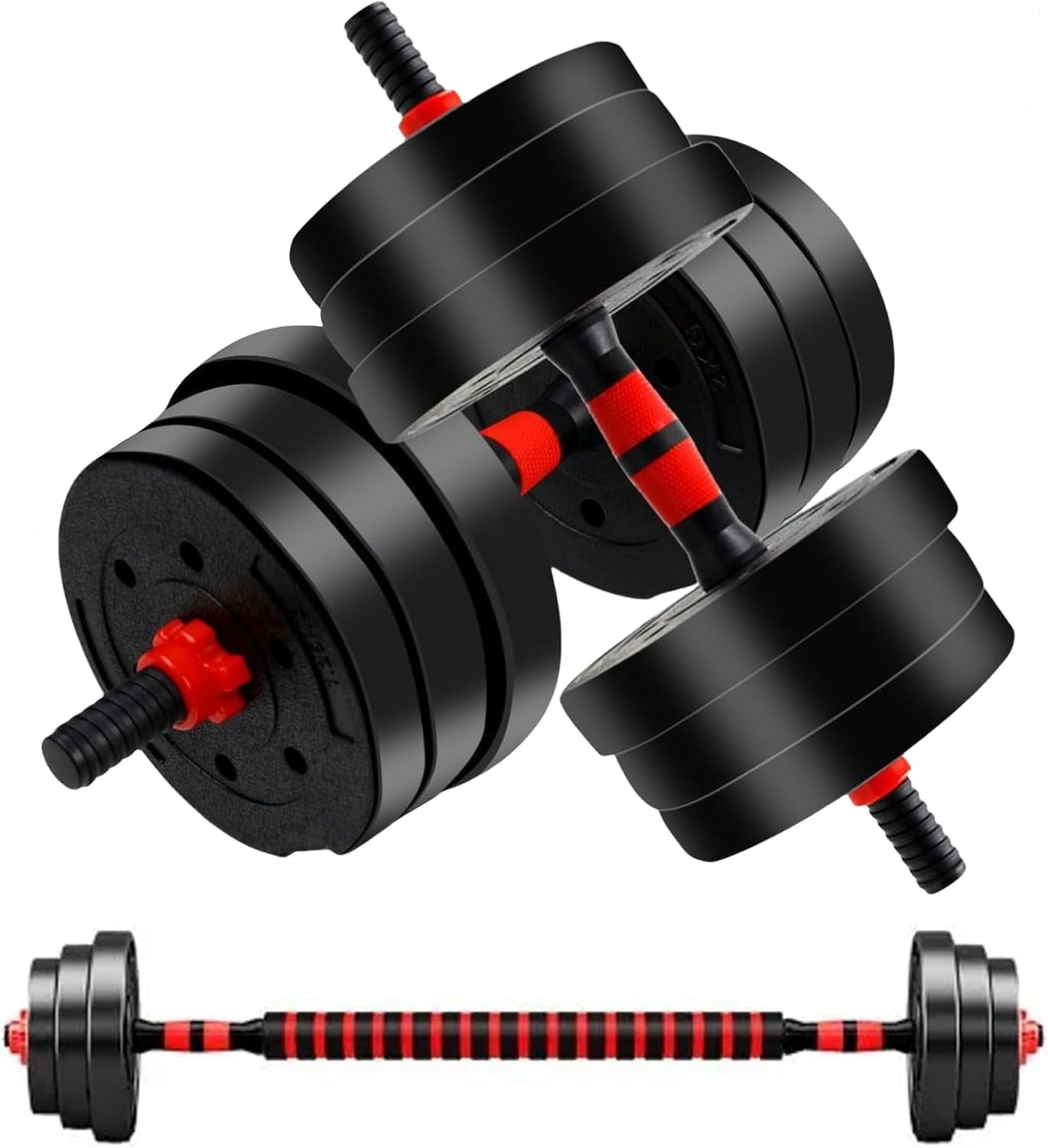 Adjustable Weights Dumbbells Set, Free Weights Dumbbells Set of 2 with Connector, 3 in1 Dumbbells Set Used as Barbell, Push up Stand, Home Gym Fitness Workout Equipment for Men and Women