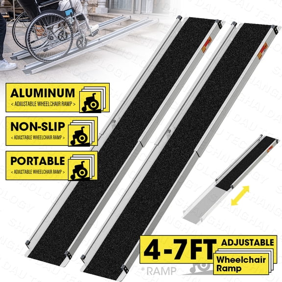 Adjustable Wheelchair Ramp, 4-7 ft Portable Wheelchair Ramp for Home Step, Door Threshold Wheelchair Ramps for Home, Non-Slip Aluminum Scooter Ramp for Car, Doorways, Curbs, Stairs-2PCS