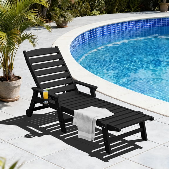 FUNDAZE Adjustable Wheeled HDPE Plastic Outdoor Patio Lounge Chair W/ Cup Holder,78.3"x25.1"x16.3", Black