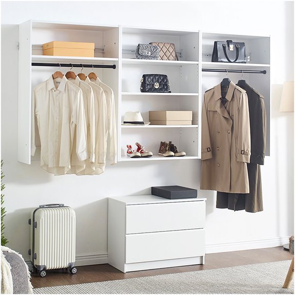 Adjustable White Wood Closet Organizer System Wall Mounted, Modular Wardrobe with Shelves and Hanging Rod for Bedroom Storage