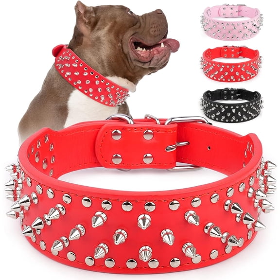 Adjustable Wide Spiked Dog Collar, Mushroom Rivet PU Leather Cat Dog Collars, Durable Spike Studded Pet Collar for Small Medium Large Breed, Pitbull Mastiff Bulldog Pugs Husky Rottweiler, Red