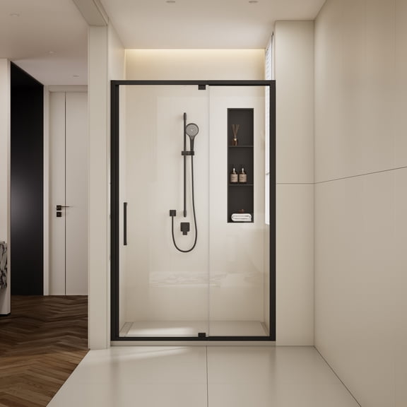 Adjustable Width Shower Door 44-48 inch x 72 inch Matte Black Aluminum Frame with 1/4 inch SGCC Tempered Glass and Transparent Safety Film for Bathroom