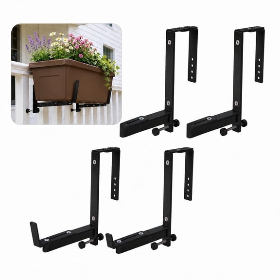 Adjustable Window Box Brackets for Railing, 4 Pack Black Heavy Duty Railing Plant Hanger, Sturdy Railing Planter Bracket for Balcony Deck Fence
