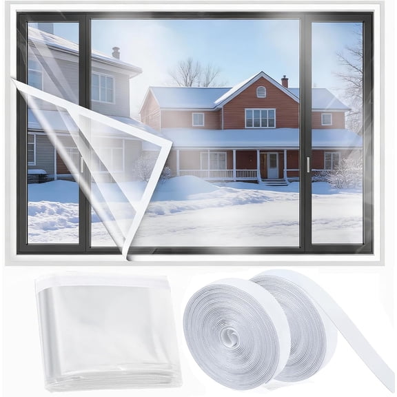Adjustable Window Insulation Kit Tutuviw Durable Sealing Plastic Film Cover, Clear Shrink Window Insulation Kit ith Hook and Loop Tape for Patio Large Window Sliding Door French Door (47x63in)