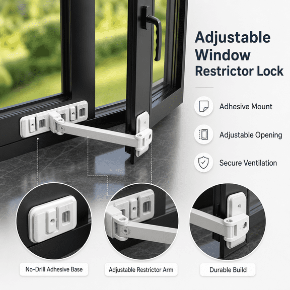 Adjustable Window Restrictor Lock for Home Security, 1-Pack