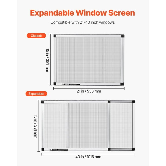 Adjustable Window Screen,15"Hx21"- 40"W,2 Packs Expandable Windows Screens with Aluminum Frame&Durable Mesh,Horizontal or Convert to Vertical Adjustable Installation,for Home House