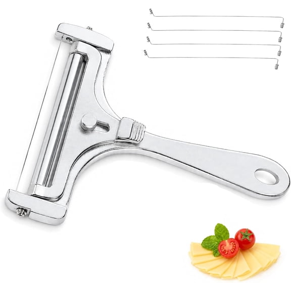 Adjustable Wire Cheese Slicer for Block Cheese, Handheld Stainless Steel Cheese Cutter with 4 Extra Wires, Premium Rolling Cheese Wire Slicer for Mozzarella, Cheddar, Gruyere