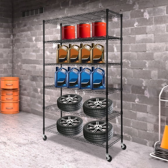 Adjustable Wire Shelving, 6-Tier Metal Wire Shelving Unit 47"D x 17"W x 80"H, 350 lbs per Shelf Heavy Duty Storage Rack with Casters, Black Industrial Shelving, Includes Hooks