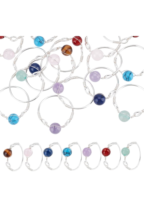Adjustable Wire Wrapped Silver Rings Gemstone Finger Ring Stacking Rings Copper Wire Wrapped Irregular Colorful Gem Ring