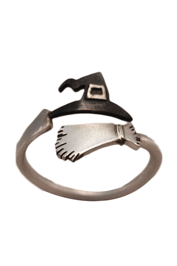 Adjustable Witch Hat & Broom Ring, Terrifying Halloween Jewelry for Women