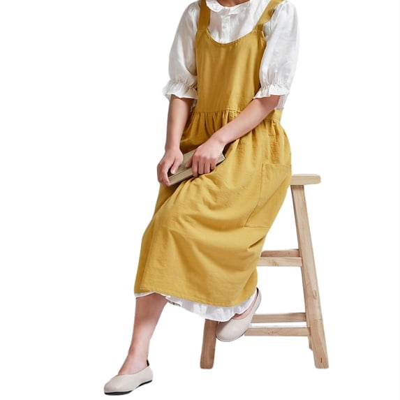 Retro Style Cross Back Apron for Women and Girls, Vintage Cute Pinafore Dress with Two Large Pockets, Cotton/Linen Blend for Gardening, Cooking, Baking, and Crafting