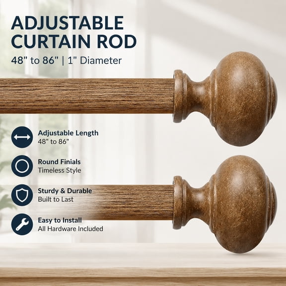 Adjustable Wood Curtain Rods for Windows 72-144 Inch, 1 Inch Heavy Duty Drapery Rods with Imitation Wood Grain Finials, 2 Pack