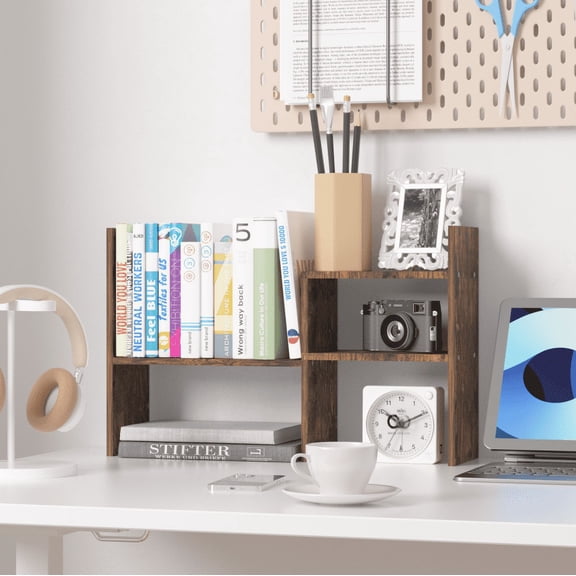 Adjustable Wood Desktop Organizer Office Storage Rack for Home Brown