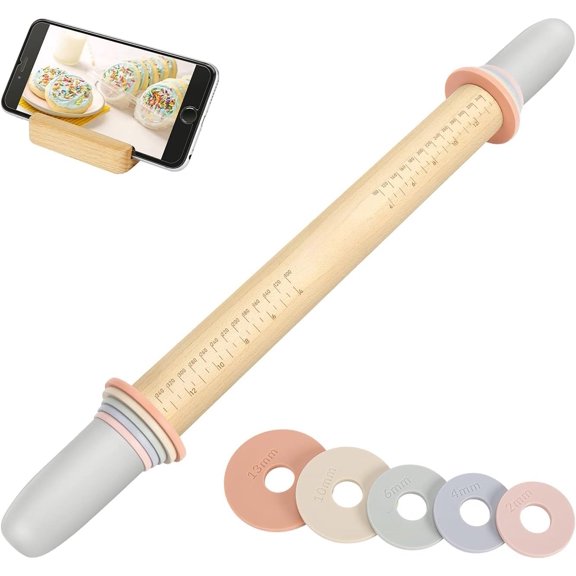 Adjustable Wood Rolling Pin with 5 Thickness Rings, Precise Dough Roller Handle Press Design with Measurement Guide for Fondant, Pizza, Pie Crust, Cookie, Pastry Baking Decorating Accessories