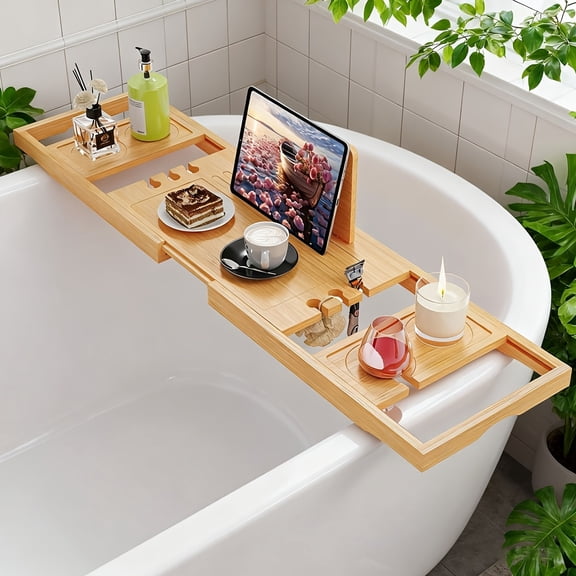 Adjustable Wooden Bathtub Caddy Tray, Multi-Purpose Sturdy Bath Storage Table, Spa Bathroom Accessory, Perfect Gift Idea