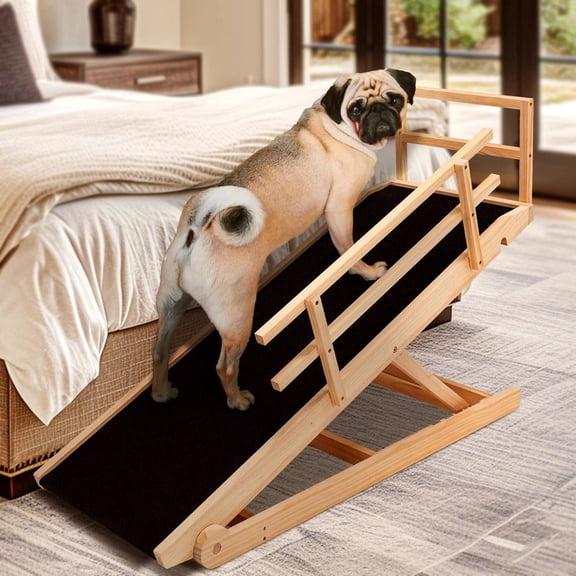Adjustable Wooden Dog Ramp for Bed Foldable Pet Ramp with Safety Railings, 5 Height Settings up to 27.5 in