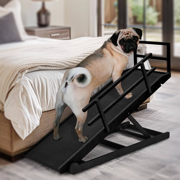 Adjustable Wooden Dog Ramp for Bed Foldable Pet Ramp with Safety Railings & Non-Slip Surface