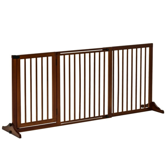 Adjustable Wooden Pet Gate: Freestanding Dog Fence for Doorways & Halls (3 Panels, Safety Barrier, Lockable Door, Brown, 44.5"-65.25" L)