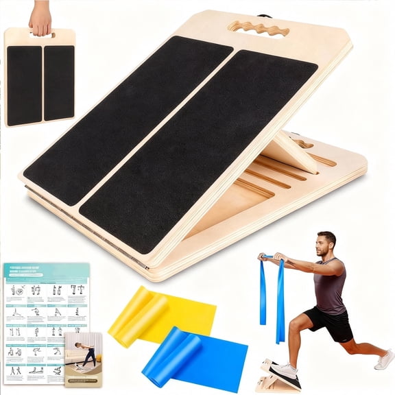 PIERCINGFUN 15.5Inch Adjustable Wood Slant Board for Calf Stretching, Comes with Yellow/Blue Resistance Bands